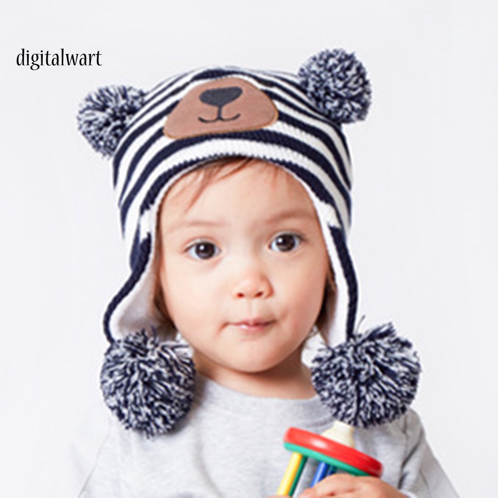 Kỹ Thuật Số| Mũ Beanie Dệt Kim Đính Bóng Lông Họa Tiết Kẻ Sọc Co Giãn Dành Cho Trẻ Em