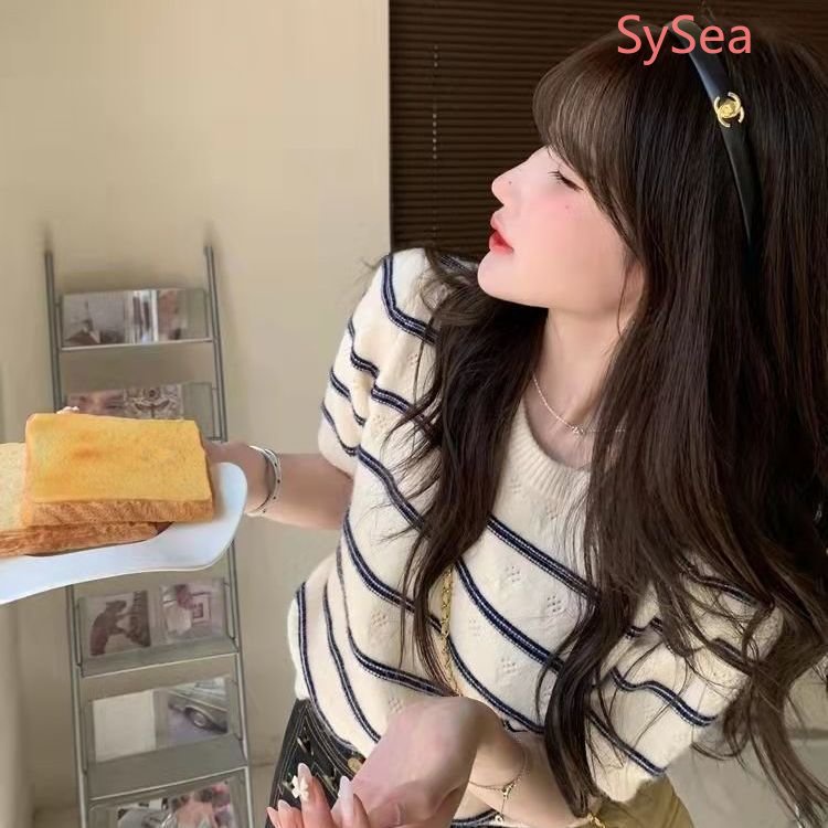 Áo Dệt Kim Cổ Tròn Họa Tiết Kẻ Sọc Thời Trang Mùa Hè Hàn Quốc Cho Nữ