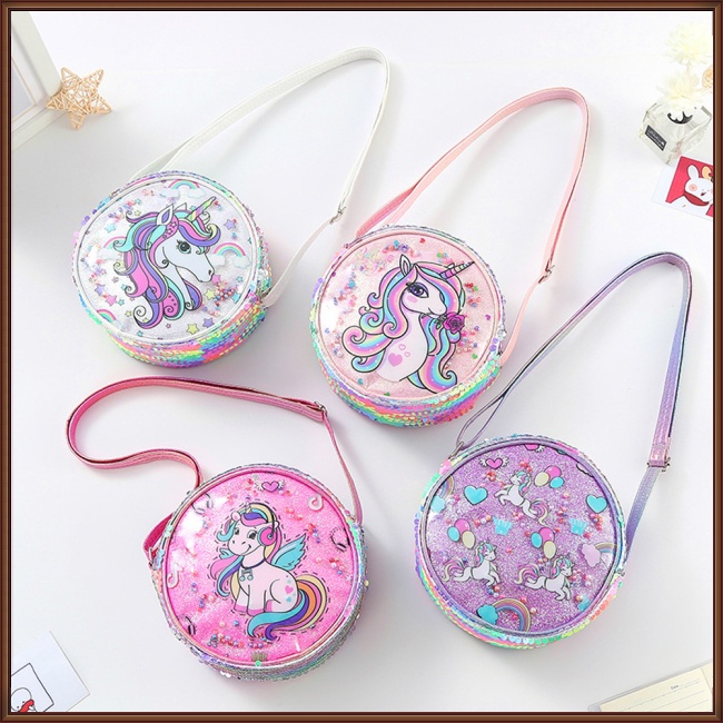 Túi Đeo Chéo Hình Kỳ Lân Đính Kim Sa Lấp Lánh Dễ Thương Cho Bé Gái