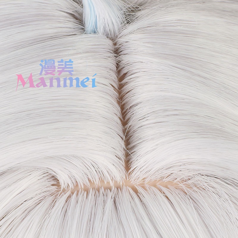Manmei Genshin Impact Focalors Cosplay Wig 100cm Long Silver White Blue Wigs Cosplay Anime Cosplay Wigs Heat Resistant Synthetic Wigs