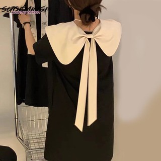 Sugemiusi Đầm Ôm Cổ Búp Bê Thắt Nơ To Hai Lớp Màu Tương Phản Phiên Bản Hàn Quốc