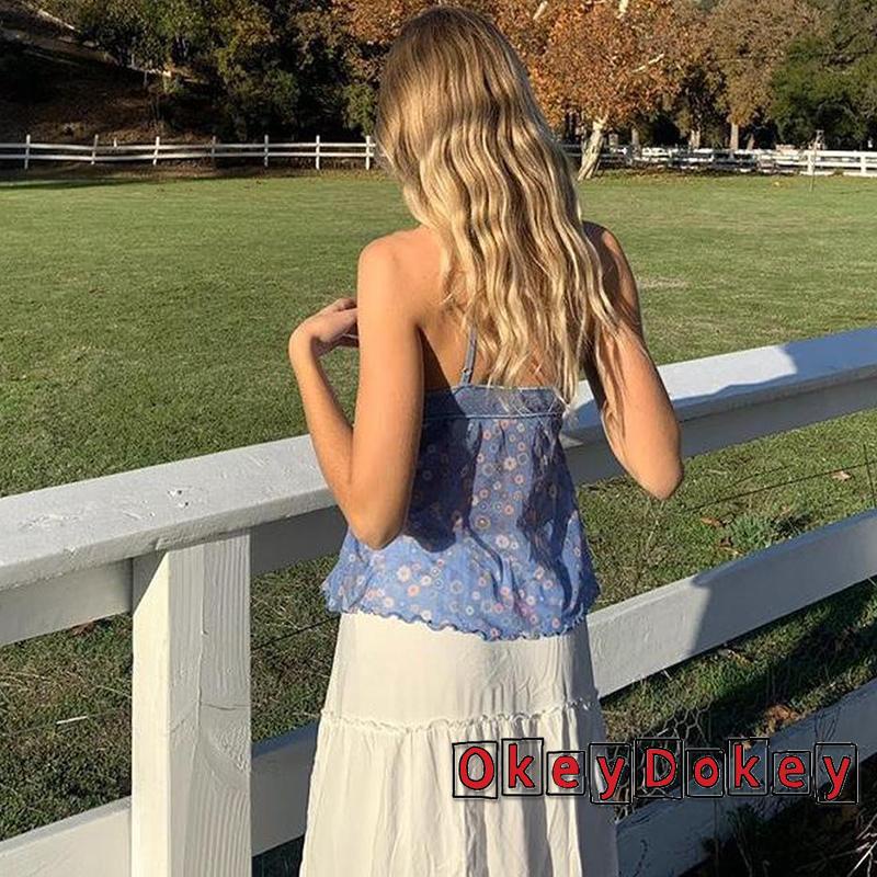 Áo Crop Top Y2K Hở Lưng Cổ Chữ V In Họa Tiết Hoa Mùa Hè Cho Nữ