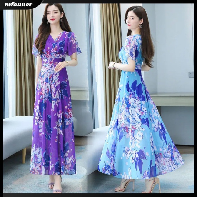 Đầm Tay Ngắn Cổ Chữ V In Họa Tiết Bohemian Thời Trang Cho Nữ