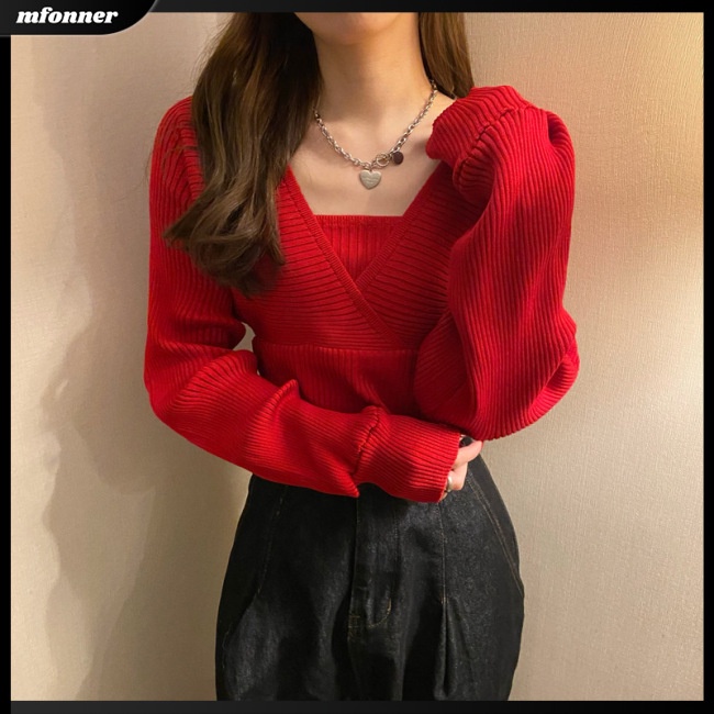 Áo Sweater Dệt Kim Tay Dài Cổ Vuông Chất Liệu Dày Dặn Màu Sắc Đơn Giản Thời Trang Cho Nữ