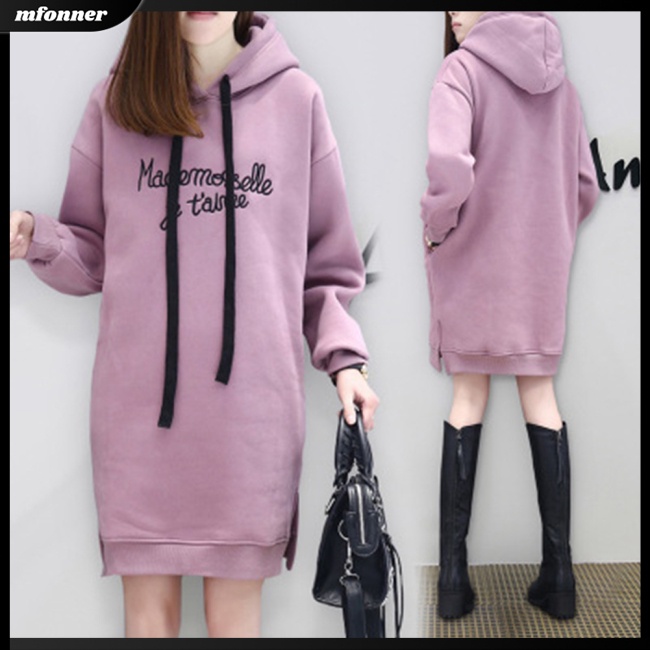 Đầm Hoodie Dáng Rộng Thêu Chữ Phối Túi Cá Tính Cho Nữ