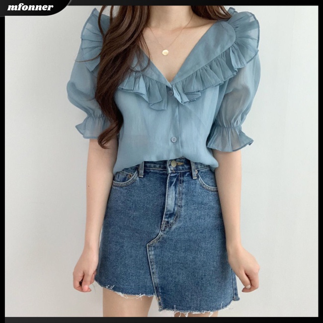 Áo Chiffon Tay Phồng Ngắn Cổ Chữ V Thoáng Khí Thời Trang Mùa Hè Cho Nữ