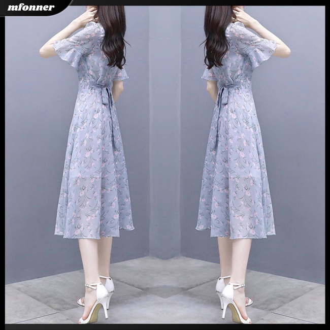 Đầm Dáng Chữ A Tay Ngắn Cổ Tròn in Hoa Thời Trang Mùa Hè Cho Nữ