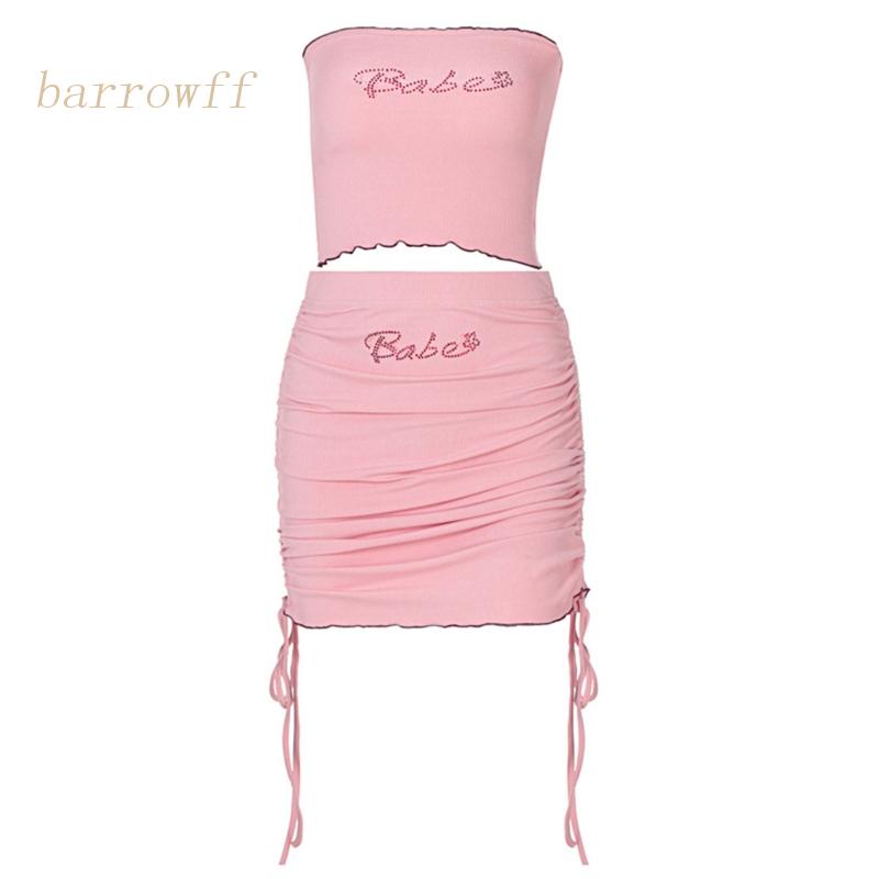 Brroa Set 2 Áo Croptop Dệt Kim Hở Vai Mini Ôm Dáng Phối Dây Rút Đính Đá Chữ Thời Trang Quyến Rũ Cho Nữ