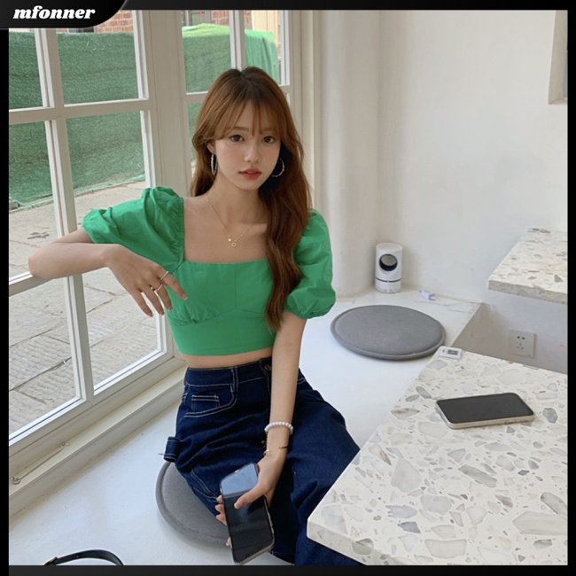 Áo Thun Croptop Cotton Cổ Vuông Tay Phồng Hở Lưng Màu Sắc Đa Dạng Cho Nữ