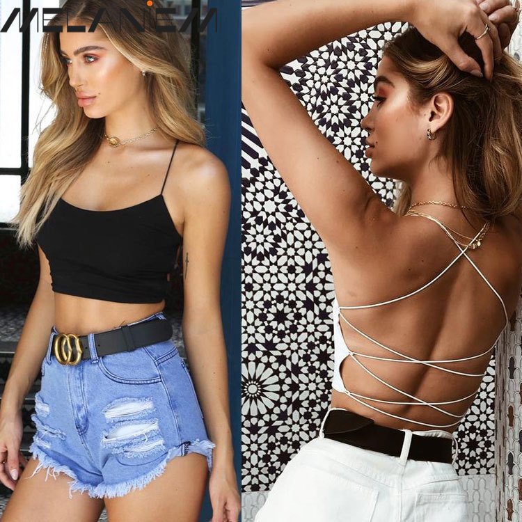 Áo Croptop Hai Dây Hở Lưng Chất Liệu Cotton Co Giãn Thời Trang Quyến Rũ Cho Nữ