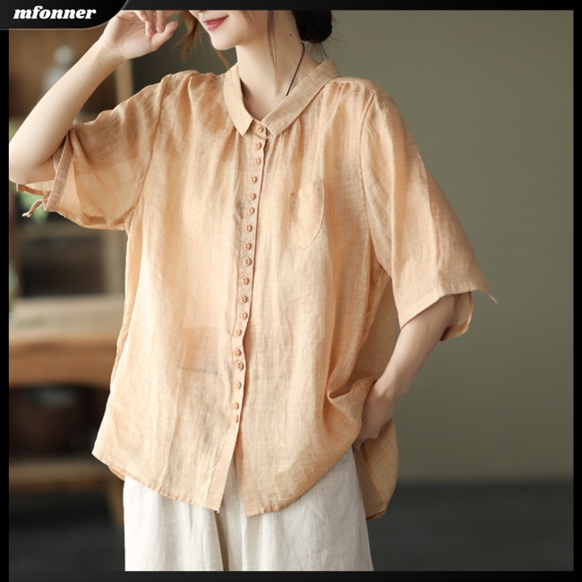 Áo Sơ Mi Cotton Lanh Tay Ngắn Màu Sắc Trơn Phong Cách Retro Dành Cho Nữ