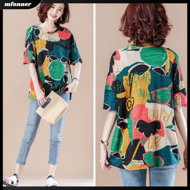Áo Thun Tay Ngắn Dáng Rộng Cổ Tròn In Họa Tiết Thời Trang Cho Nữ