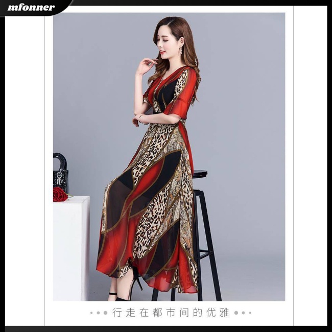 Đầm Midi Giả Lụa Mát Tay Ngắn Cổ Tròn In Họa Tiết Phong Cách Cổ Điển Thời Trang Cho Nữ