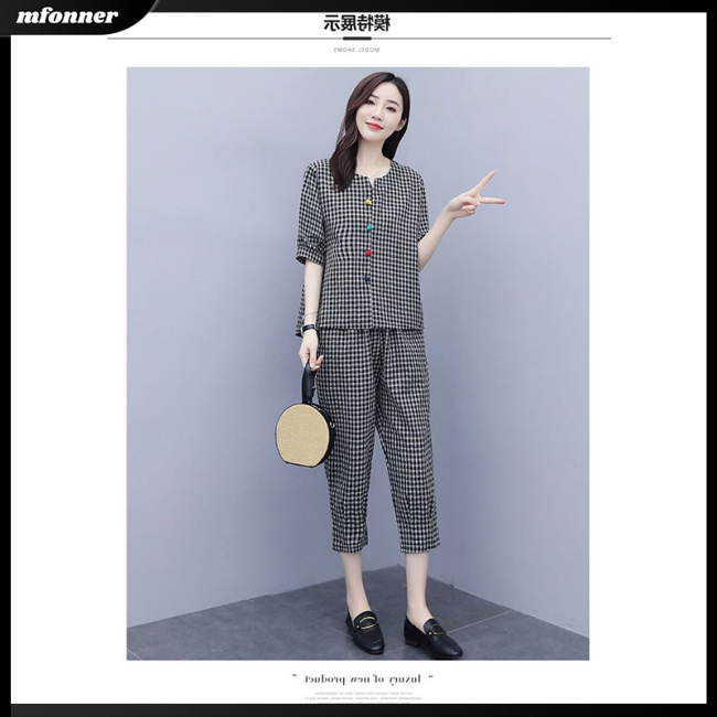 Set Đồ 2 Món Áo Croptop Tay Ngắn Và Quần Dài Họa Tiết Caro Thời Trang Cho Nữ