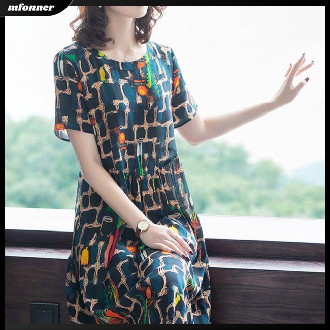 Đầm Tay Ngắn Cổ Tròn Dáng Rộng In Hoa Thời Trang Mùa Hè Xinh Xắn Cho Nữ