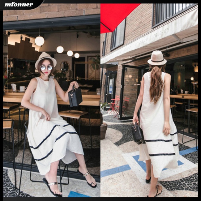 Đầm Sát Nách Dáng Rộng Vải Lụa Sữa In Họa Tiết Kẻ Sọc Cá Tính Cho Nữ