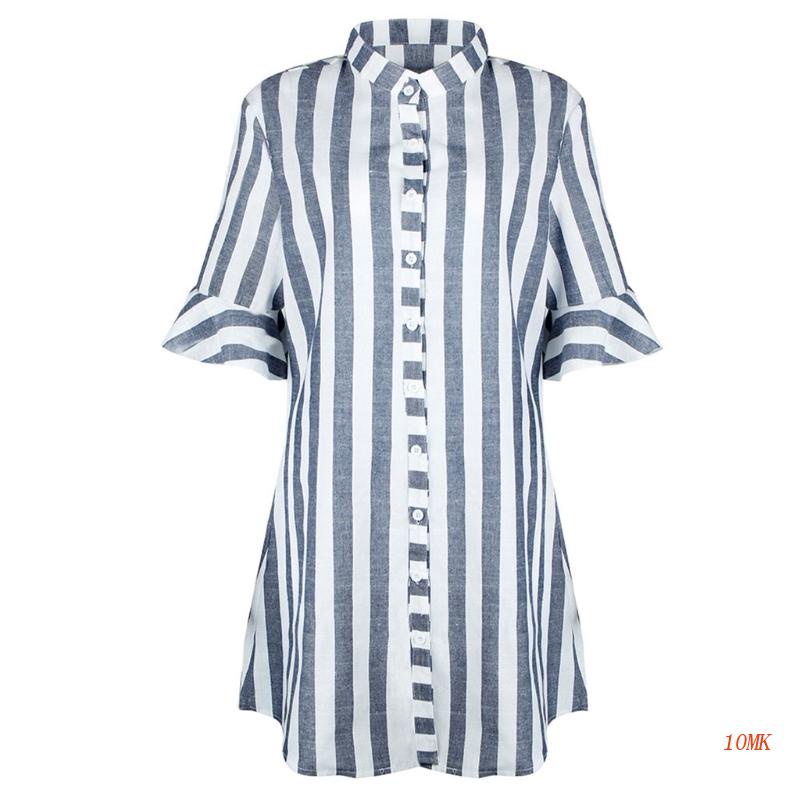 Áo Sơ Mi Tay Lửng Dáng Dài Họa Tiết Kẻ Sọc Thời Trang 2018 Cho Nữ