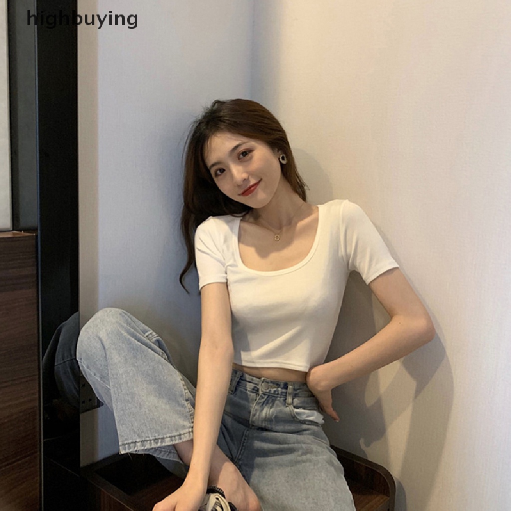 Áo Thun Lửng Cổ Vuông Tay Ngắn Màu Sắc Đơn Giản Cho Nữ