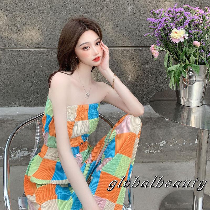 Bộ Trang Phục 2 Mảnh Gồm Áo Không Tay Áo Hai Dây Họa Tiết Kẻ Sọc Nhiều Màu + Quần Ống Rộng Lưng Cao Co Giãn Dành Cho Nữ