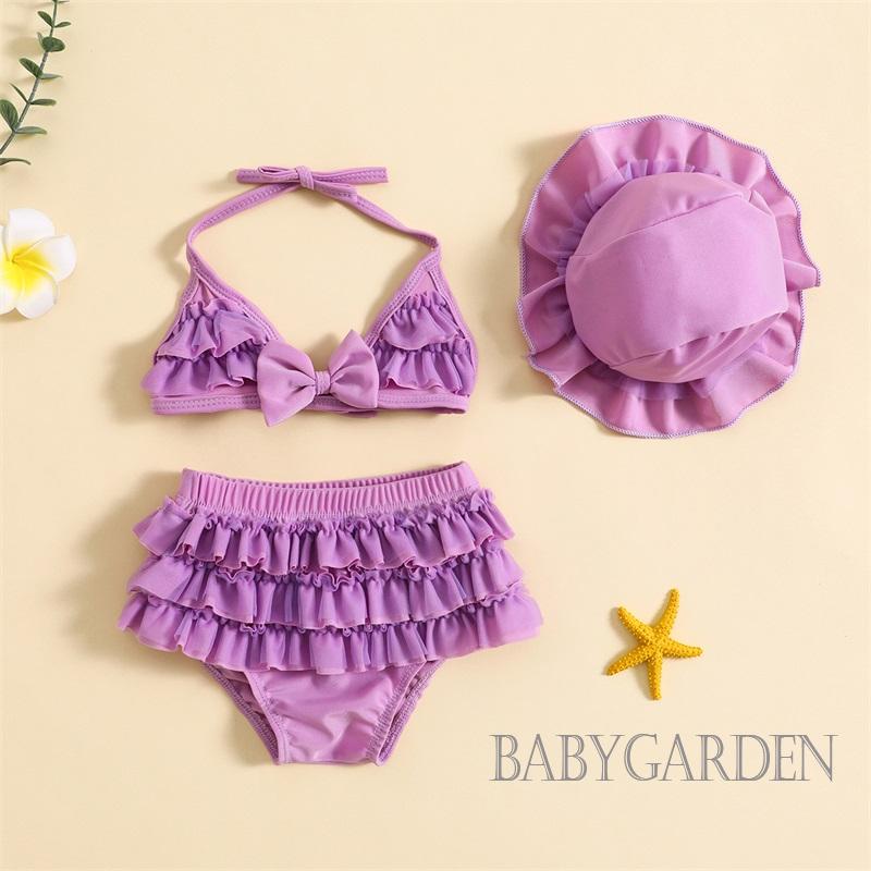 Set Đồ Bơi Mùa Hè Gồm Áo Cổ Treo + Quần Nhiều Lớp + Mũ Cho Bé Gái