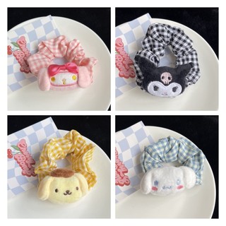 Dây Cột Tóc Phủ Lông Hình Búp Bê sanrio Kẻ Sọc Caro Dễ Thương Cho Bé Gái