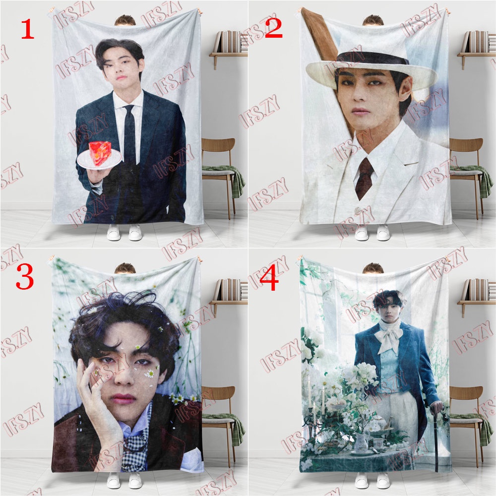 Chăn Điều Hòa Không Khí Một Mặt Bằng Vải flannel 4 Kích Thước In Hình bts v kim tae-hyung