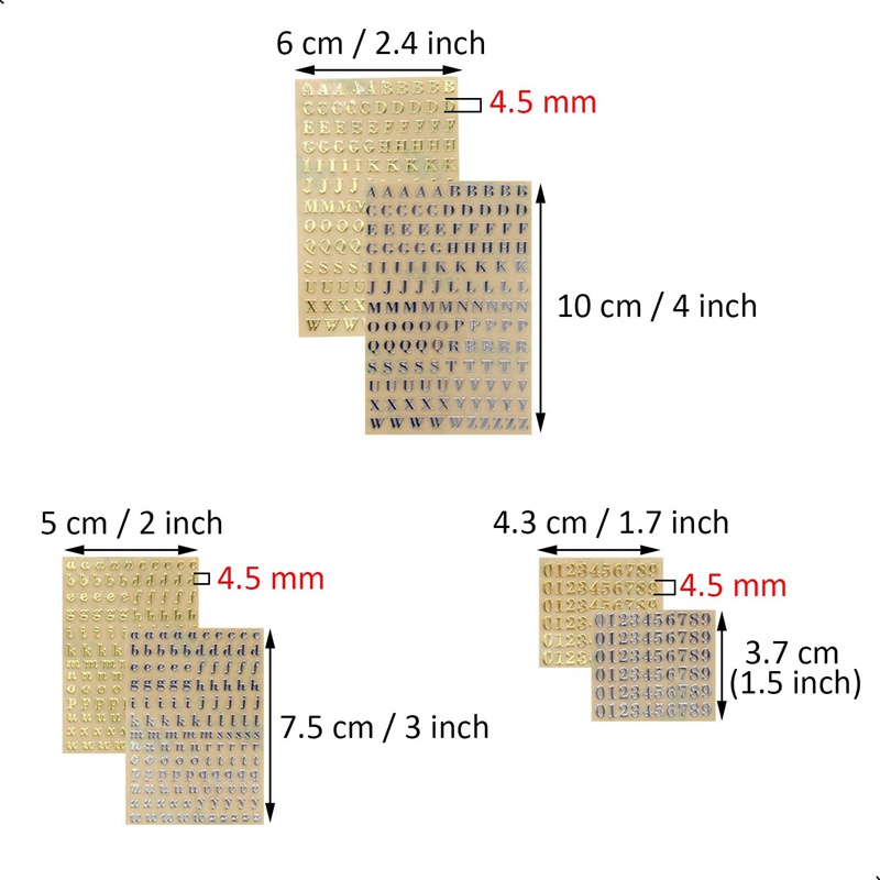 Set 6 Tấm Hình Dán Ký Tự Chữ Cái 0.35 Inch Bằng Hợp Kim Màu Vàng / Bạc