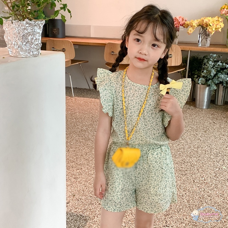 Set Đồ 2 Món Gồm Áo Tay Xòe Cánh Hoa + Quần Ngắn Lưng Thun Phong Cách Hàn Quốc Cho Bé Gái