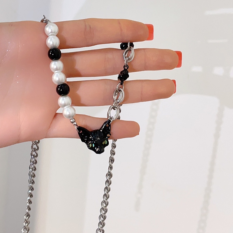 Vòng cổ Chuỗi Ngọc Trai Mặt Mèo Đen Phong Cách Hàn Quốc