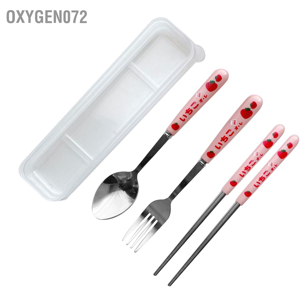 Oxygen072 Bộ 3 Đồ Ăn Dùng Muỗng Nĩa Đũa Tròn Thép Không Gỉ Phẳng Bằng Dao Kéo Có Hộp Trong Suốt