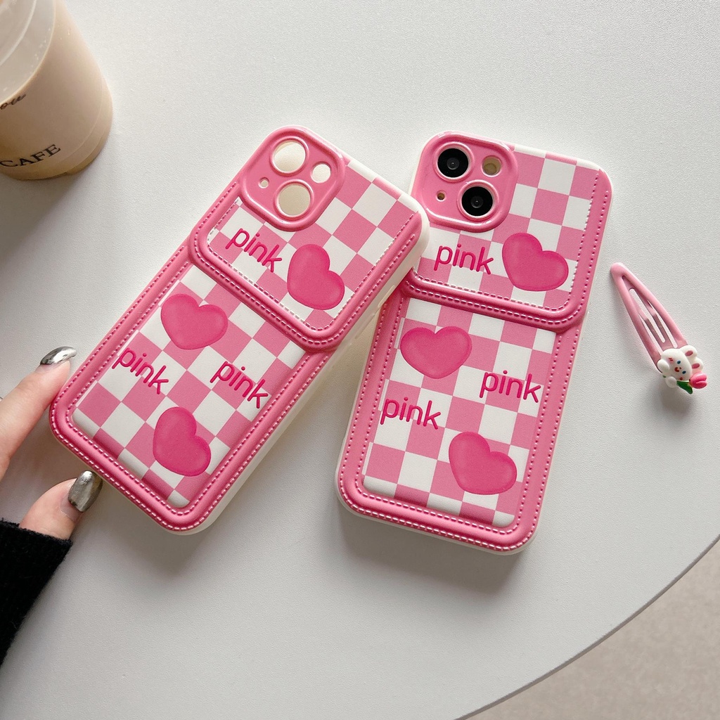Ốp Điện Thoại Da Viền Silicon Dẻo Màu Hồng Họa Tiết Trái Tim Dễ Thương Chống Sốc Cho iPhone11 12 13 14 Pro Max