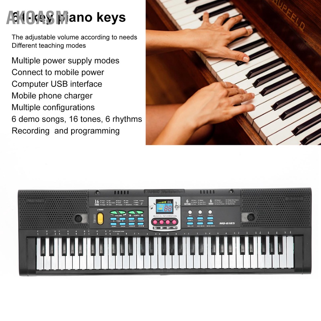 61Key Mini Electric Piano Đồ chơi phòng thu đa chức năng màu đen có micrô cho người mới bắt đầu AKOASM