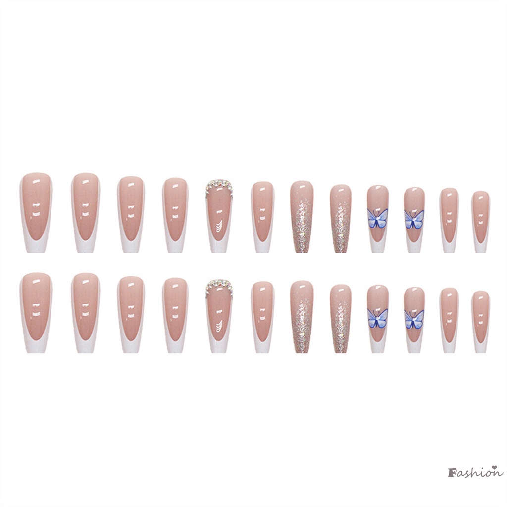 Bộ Móng Tay Giả Hình Bướm Màu Trắng / Xanh Kèm Keo Dán