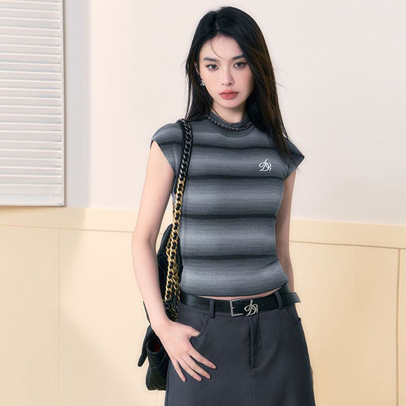 COZOK Áo Thun Dệt Kim Ngắn Tay Cổ Cao Họa Tiết Kẻ Sọc Cầu Vồng Thời Trang
