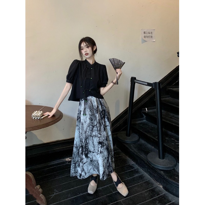 ✨ins Chân Váy Chiffon Dài Lưng Cao In Họa Tiết Phong Cách Trung Hoa Cổ Điển Thời Trang Mùa Hè 2023 Mới