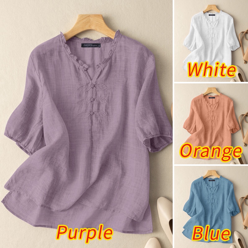 ZANZEA Áo Sơ Mi Tay Lửng Thêu Họa Tiết Phong Cách Hàn Quốc Cho Nữ