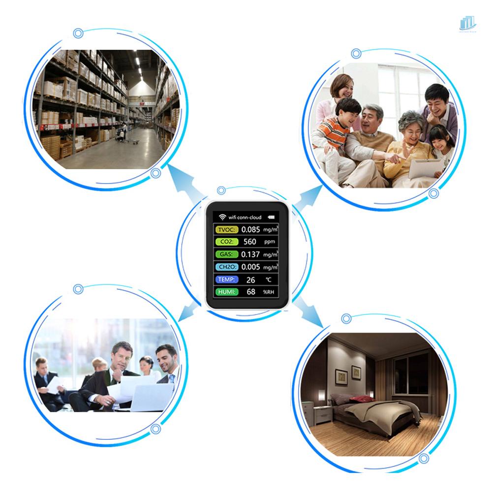 Thiết Bị Dò Chất Lượng Không Khí Di Động 6 Trong 1 TVOC CO2 Gases CH2O Để Bàn Cho Nhà Ở / Văn Phòng