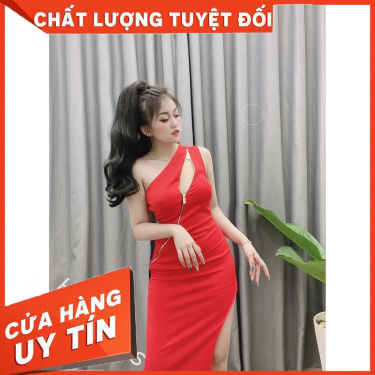 Đầm lệch vai dự tiệc sexy, phối dây kéo đồng - DN7277