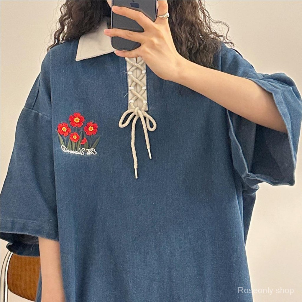 Áo Sơ Mi Denim Tay Ngắn Dáng Rộng Thêu Hoa Kiểu Retro Mỹ Thời Trang Mùa Hè Cho Nữ 1.0-150kg