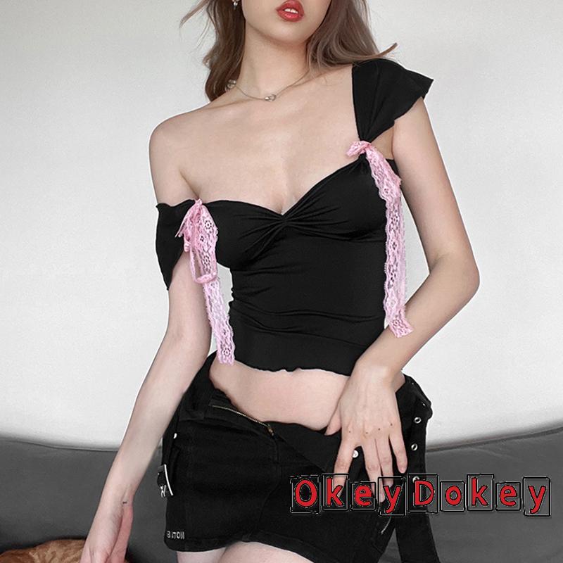 Áo Thun Crop Top Ngắn Tay Cổ Vuông Màu Tương Phản Thời Trang Mùa Hè Cho Nữ