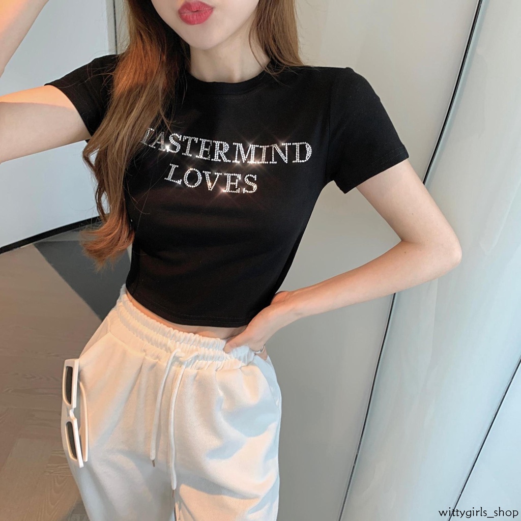 Wittygirls-áo Thun Crop Top Tay Ngắn In Chữ Đính Đá Thời Trang Mùa Hè Cho Nữ