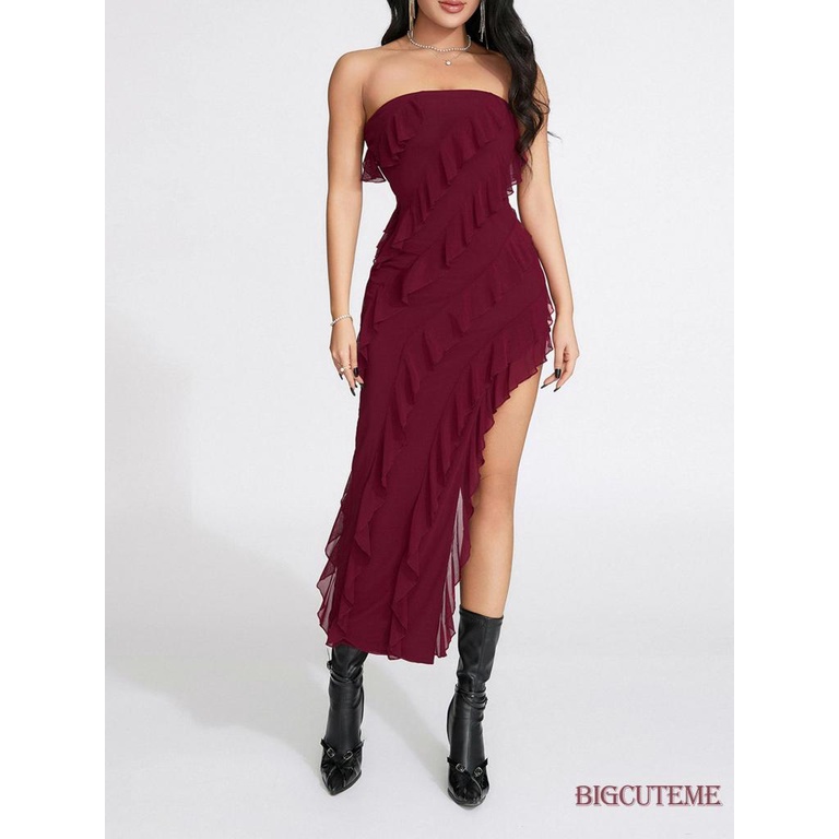 Đầm Hai Dây Ôm Dáng Hở Lưng Nhún Bèo Màu Trơn Thời Trang Cho Nữ