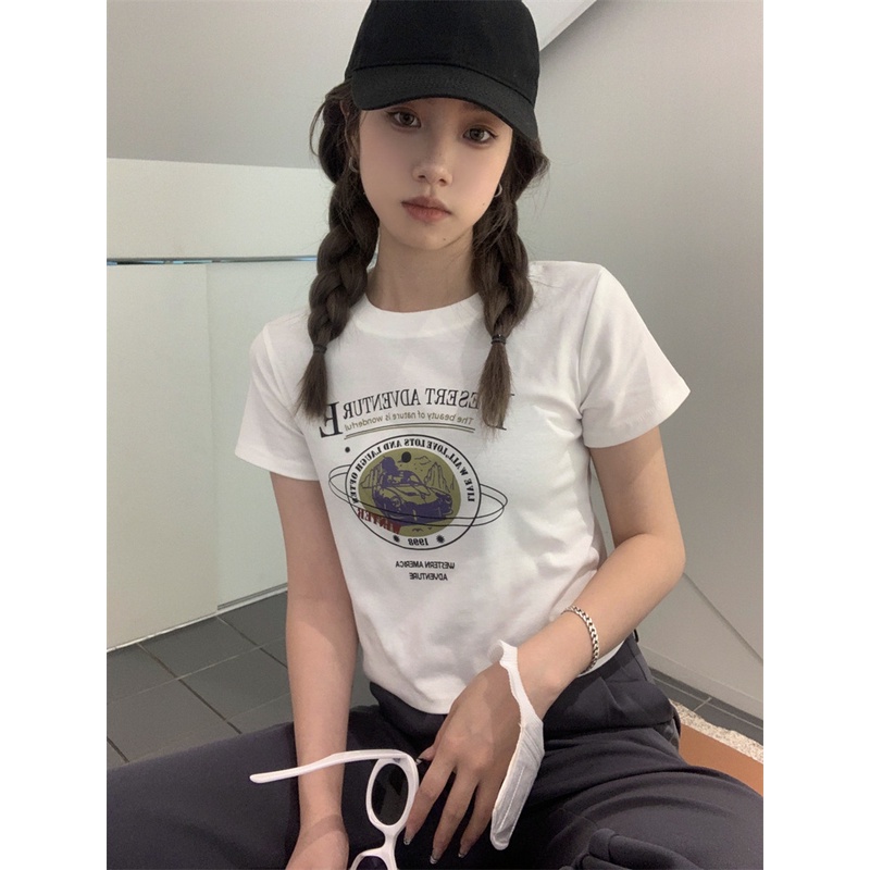 Áo Thun Tay Ngắn Cổ Tròn In Chữ Phong Cách Retro Dành Cho Nữ