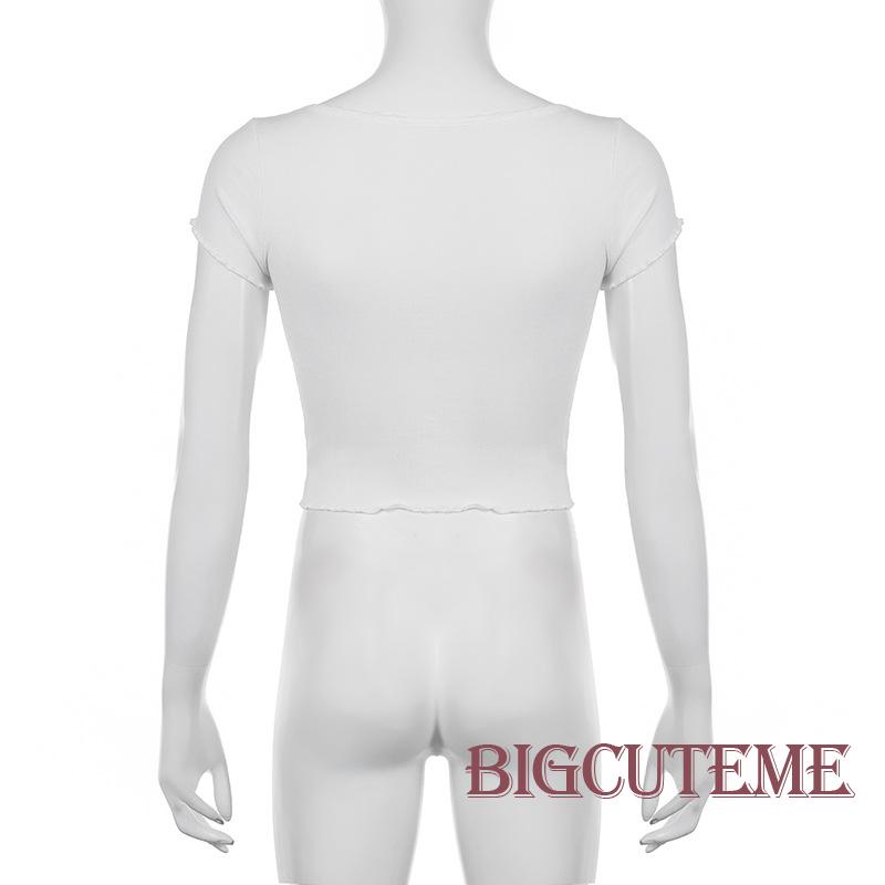 Áo Croptop Dệt Kim Ngắn Tay Cổ Vuông Phối Nút Thời Trang Đường Phố Cho Nữ