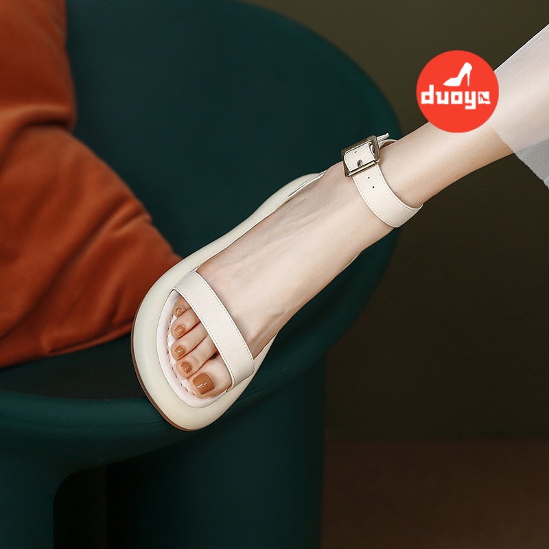 Duoya Tóc Thẳng ~ [Hàng Có Sẵn] Giày Sandal Hở Ngón Quai Da Mềm Đế Dày Mùa Hè Dễ Phối Đồ Cho Nữ
