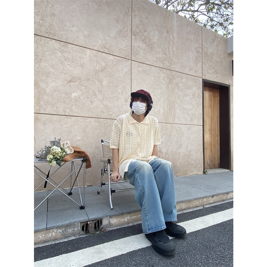 Áo Sơ Mi Dệt Kim Mỏng Dáng Rộng Cổ Đứng Tay Ngắn Thời Trang Mùa Hè Thoáng Khí Cho Nam