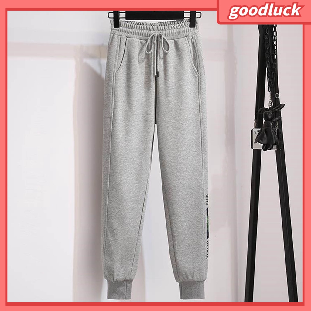 Quần Dài Lưng Thun Ống Rộng Có Túi Dây Rút In Chữ Thời Trang Xuân Thu Cho Nữ