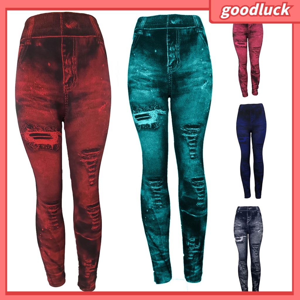 [ULK] Quần Legging Giả Jean Rách Dáng Bút Chì Co Giãn Nâng Hông Cho Nữ Plus Size