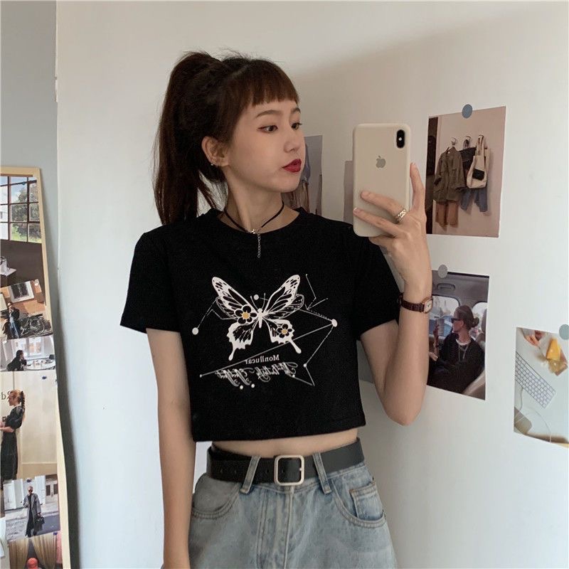 Áo Thun Cotton Tay Ngắn In Hình Bướm Hoạt Hình Phong Cách Harajuku 2023 Dành Cho Nữ