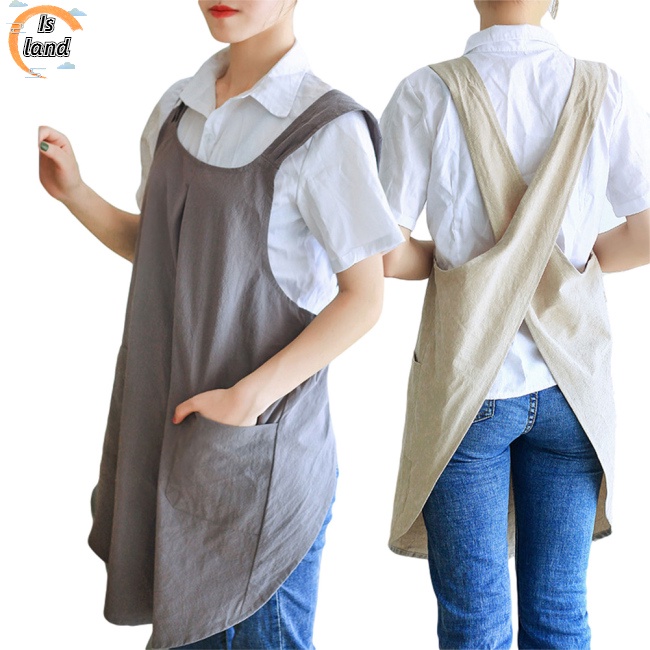 Tạp Dề Cotton Lanh Màu Trơn Dây Chéo Có Túi 2 Ngăn Phong Cách Nhật Hàn Đơn Giản Cho Nữ